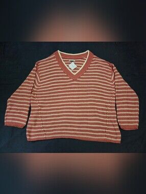 American Eagle Outfitters Striped V-Neck Sweater in Rust & Cream